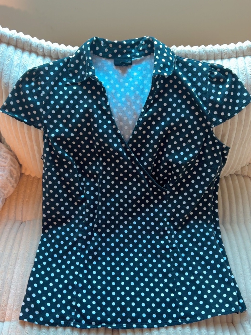 East 5th Black Polka Dot Cap Sleeve Wrap Blouse